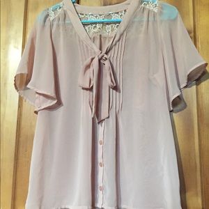 Peachy Button-Up Sheer Top, Bow and Lace Details